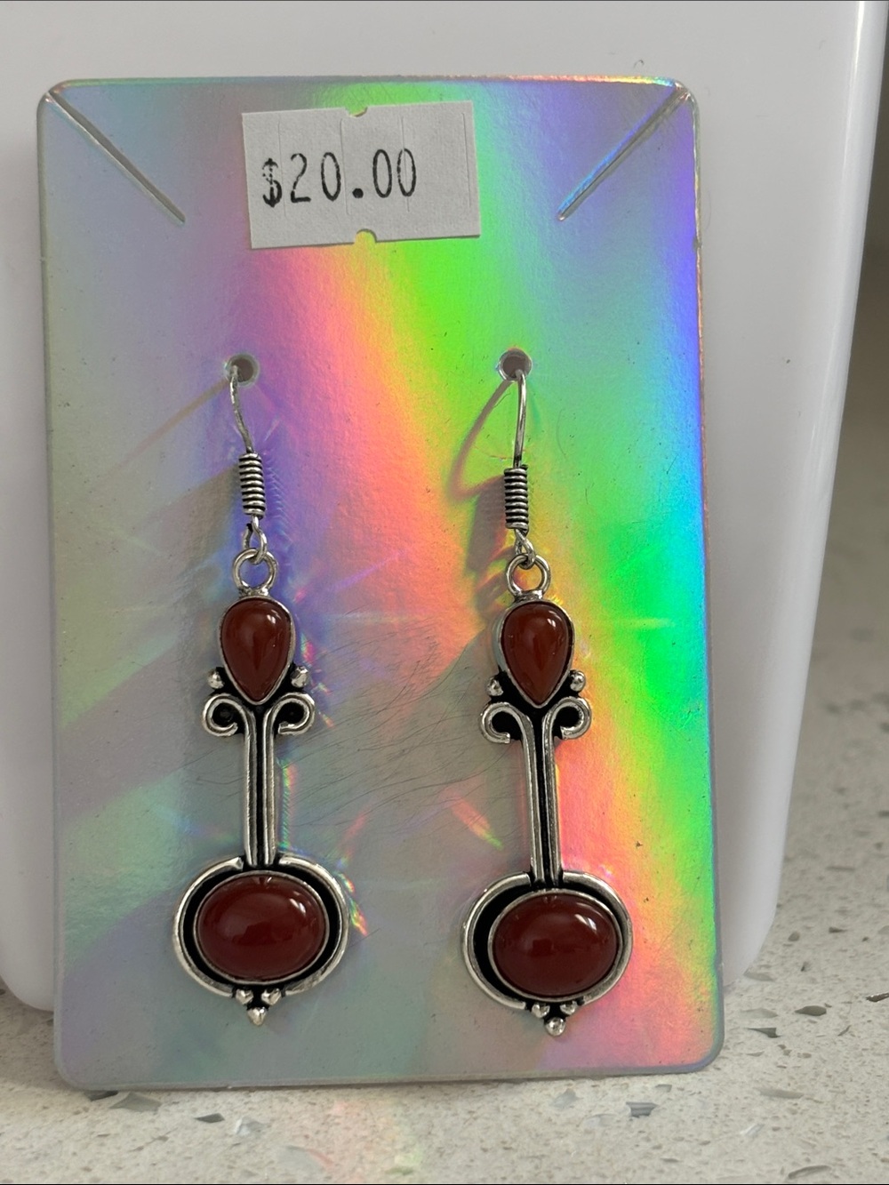 Silver Red Carnelian Gemstone Drop Dangle Earrings - Picture 8 of 8
